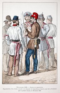Montagnards (1848), en grupp kämpar, varav en bär den frygiska mössan och den revolutionära kokarden. Eau forte en couleurs, reproduktion av en teckning utförd på begäran av Alexandre Ledru-Rollin (Ledru Rollin) (1807-1874) på gården till av Unknown artist