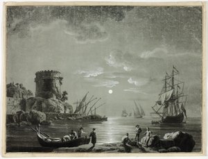 Månskensscen i fiskehamnen av Unknown artist