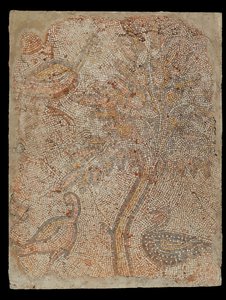 Mosaikfragment med tre fåglar och ett träd av Unknown artist