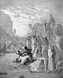 Moses får vatten att rinna ur klippan. av Unknown artist