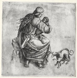 Mor och barn med två hundar av Unknown artist