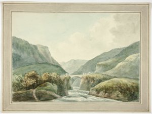 Bergsstad vid bro som spänner över forsar av Unknown artist