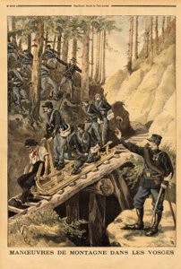 Bergsmanöver i Vogeserna av en bataljon alpina jägare med en begäran om en schlitte, släde för avverkning. Gravyr i "" Le petit journal"" 1896-07-19. Selvas samling. av Unknown artist