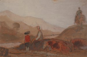Bergigt landskap med figurer vid en sjö av Unknown artist