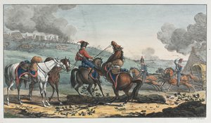 Beriden artillerist som leder tre hästar av Unknown artist