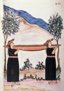 Moyobamba-indianer som bär sin kanot, från boken "Trujillo del Peru" eller "Codex Martinez Companion", av Baltazar Martinez Companion och Bujanda, biskop av Trujillo (1782-1785) av Unknown artist