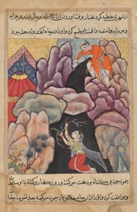 Mukhtar kastar sin fru Maimuna i gropen, men hon räddar sig själv från en Tuti-nama (Berättelser om en papegoja): Twenty-fifth Night av Unknown artist
