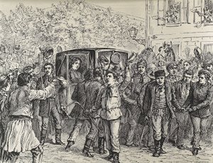 NATALIA av Serbien (1859-1941). Prinsessa av Serbien från 1875 till 1882 och därefter drottning av Serbien från 1882 till 1889, som hustru till Milan I av Serbien. Drottning Natalies fördrivning från Serbien: studenterna räddar quuen från gendarmerna av Unknown artist