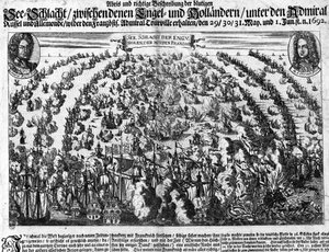 Sjöslaget vid La Hougue (1692) som motsatte Ludvig XIV:s armé till Holland. Gravyr. 1700-talet. av Unknown artist