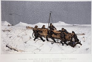 Nära floden, Gulf of St. Lawrence: båt på en släde, nära Brule och Cape Tormentin - i "" Skisser över kanadensiska sporter och tidsfördriv"" av Lieut. Henry Buckton Laurence av Unknown artist