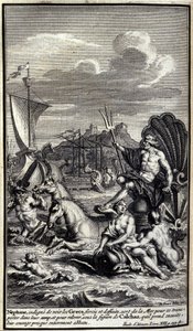 Neptunus, ovärdig att se grekernas krafter och handlingar, lämnar havet för att transportera sig till deras läger och för att resa sig upp under Calchas gestalt som han sedan tar, deras mod nästan helt förstört. Illustration av bok XIII av Iliaden av av Unknown artist