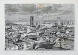 New York och Brooklyn Bridge under uppbyggnad - i "" The World Tour"", 2:a Sem. 1881 av Unknown artist