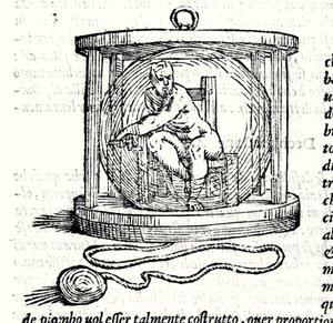 Nicoli Fontanas andra kostym kallas Tartaglia (1499 - 1557). Det ger en kristallkula där dykaren stänger sig själv. Gravyr 1500-talet. av Unknown artist