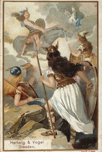 Nordisk mytologi: Walkyrierna (jungfrukrigare) i Valholl (eller Walhalla, Valhalla, Valhalle: plats dit tappra krigare förs) och krigares fall i strid. kromolitografi från 1800-talet av Unknown artist