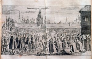 Officiell ceremoni med parad i Kreml i Moskva. Gravyr av 1600-talet. ryska biblioteket av Unknown artist