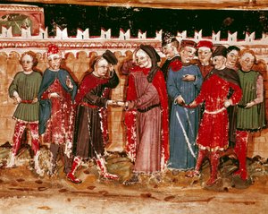 Tjänstemän för miniatyrgabellen från manuskriptet (Ms. H V-5) "Codex de Privileges"" av Unknown artist