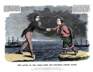 Den 17/08/1858 utbyttes det första transatlantiska meddelandet: två allegoriska figurer som representerade John (England) och Jonathan (USA) gratulerade varandra till framgången med undervattenskabelbrottet mellan Europa och den nya världen. Bakom th av Unknown artist