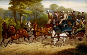 På väg till derbyt. Fiacre och omnibus som dras av hästar som går på derby av Unknown artist