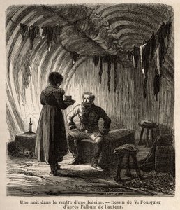 En natt i magen på en val välkomnas författaren under sin resa i en boer, fiskares hem, vars ram och möbler är gjorda av skelettet av den enorma valen och av skinn från sälar, hästar och hundar. Gravyr för att illustrera vo av Unknown artist