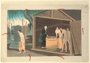 En av sexton scener av en mans död och begravning av Unknown artist