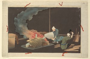 En av sexton scener av en mans död och begravning av Unknown artist