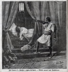 Othello dödade precis Desdemona i hans säng. Scen för operan "" Othello"" av Giuseppe Verdi (1813-1901) Gravyr i "" Le Parisien"" av Unknown artist