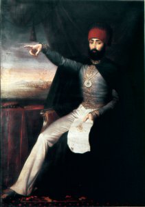 Osmanska riket: Porträtt av Sultan Mahmud II (1784-1839)”” Det är representativt att peka finger kan vara för att indikera ordern att slakta janitsjarorden. Anonym oljemålning. 1808-1839 Istanbul, Topkapi Sarayi-museet, Turkiet av Unknown artist