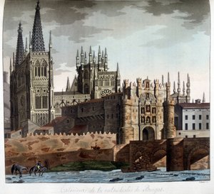 Utanför den gotiska katedralen Saint Mary i Burgos i Spanien. Litografi från 1800-talet. av Unknown artist