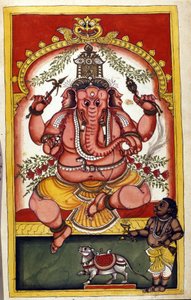 Sida som visar den hinduiska gudomen Ganesha (Ganesh eller Ganapati), beskyddare av handlare, resenärer och tjuvar. Sidan hämtad från manuskriptet (ms.8300) "" History of Mogol"" (Moghul eller Moghol) av Stefano Nivibus Cardeira. 1700-talet. Bibloteca marc av Unknown artist