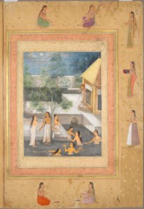 Sida från Late Shah Jahan Album: Harem Night-Bathing Scene (recto) av Unknown artist