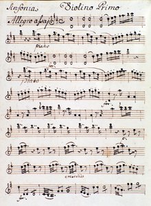 Sida av noterna för första fiolen i symfoni nr. 4 i D, av Mozart (1765) av Unknown artist