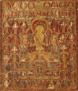 Målad fana (Thangka) av Bodhisattva Manjushri med Vajrapani (höger) och Padmapani (vänster) av Unknown artist