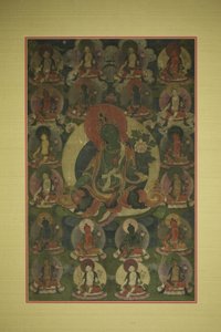 Målad banderoll (Thangka) av Gröna Tara omgiven av tjugo manifestationer av Unknown artist