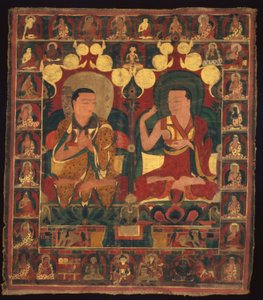 Målad banderoll (Thangka) av linjemålning av två lamor i debatt av Unknown artist
