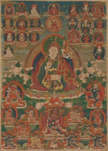 Målad banderoll (Thangka) av den vise gurun Padmasambhava sittande med en åskvigg (Vajra) och en skallbägare (Kapala) av Unknown artist