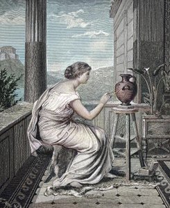 Målare, konstnär, ung grekisk kvinna som målar en vas, historisk, digital reproduktion av ett originalkonstverk från 1800-talet av Unknown artist
