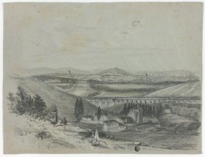 Panoramautsikt över en järnvägsbro och en stad av Unknown artist