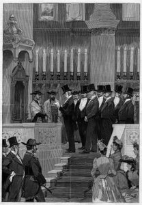 Paris 1890: Installation av Zadoc Kahn (Zadoc-Kahn) (1839-1905) stor rabbin i Frankrike. Monsieur Alphonse de Rothschild (1827 -1905) läser nomineringsordningen. av Unknown artist