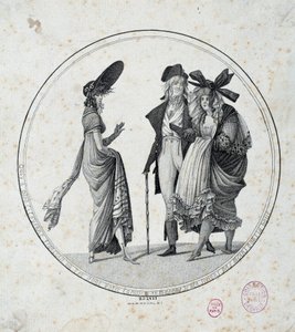 Parisiskt mode: "" Fantastiskt och underbart"" Gravyr från 1795 Paris, Musee Carnavalet av Unknown artist