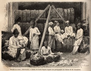 Parsi-handlare och köpmän på Bombays bomullsmarknad. Gravyr för att illustrera resan i Indiens meridionalprovinser, av Alfred Grandidier, 1862-1864, publicerad i "" Le tour du monde""" 1869, redigerad av Edouard Charton, upplaga Hachette, Par av Unknown artist