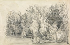 Del av en byggnad omgiven av en skog av Unknown artist