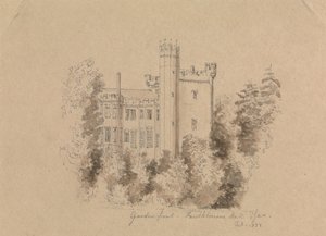 Del av ett slott omgivet av träd av Unknown artist