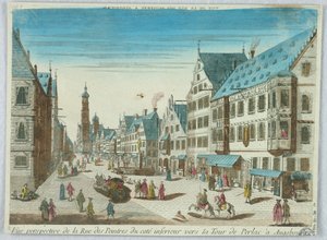 Peep-show, perspektivvy av målargatan från den nedre kusten mot Perlac-tornet i Augsburg av Unknown artist