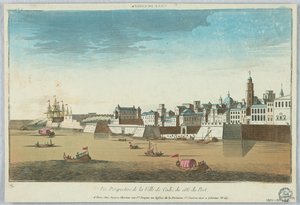 Peep-show, perspektivvy över staden Cadiz från hamnkusten av Unknown artist