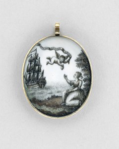 Hänge, ca 1750 (sepia på elfenben, guld, hår och glas) av Unknown artist