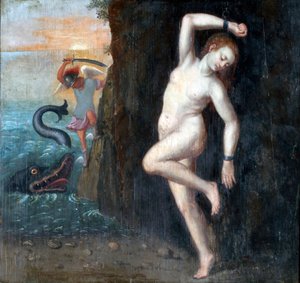 Persee et Andromede - Perseus och Andromeda par Anonymous, ca. 1600 - Olja på trä, 62x65,4 - Ptuj Ormo_ Regional Museum av Unknown artist