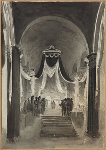 Peter och Paul-katedralens dekoration till begravningsceremonin för Peter III och Katarina II - Anonym. Penna, pensel, akvarell, bläck på papper av Unknown artist