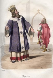 Photios I (Photius, Fotios) (810-893), patriark av Konstantinopel, utvisade den bysantinske kejsaren Basil I den makedonska (813-886) från kyrkan efter mordet på kejsar Mikael III 867. av Unknown artist