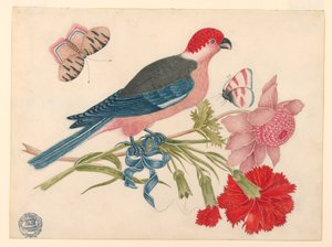 Rosa, röd, blå och svart fågel på gren med blommor och fjärilar av Unknown artist