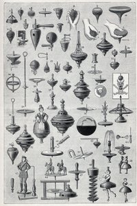 Tallrik som visar en samling spinnare med olika former och rotationssystem. Gravyr i "" La Nature"" av Unknown artist